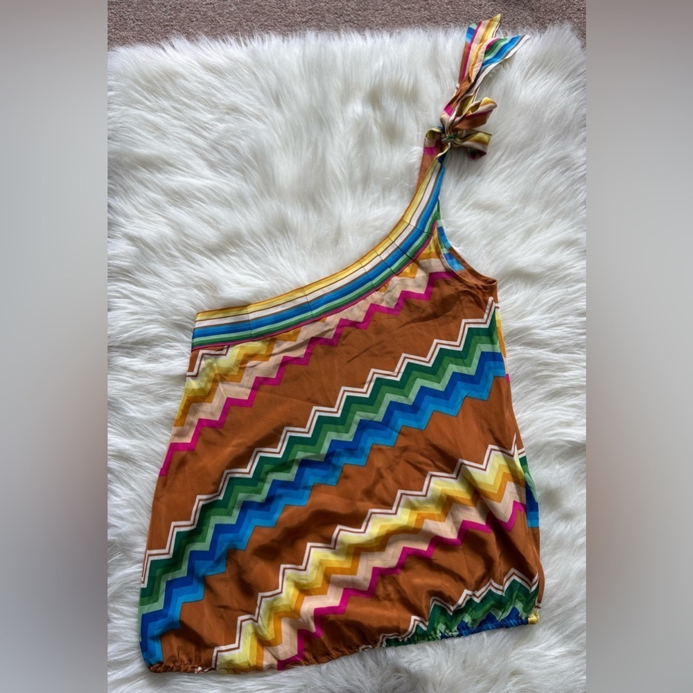 Plenty by Tracy Reese 100% Silk Multicolor Zigzag Stripe One Shoulder Top Y2K